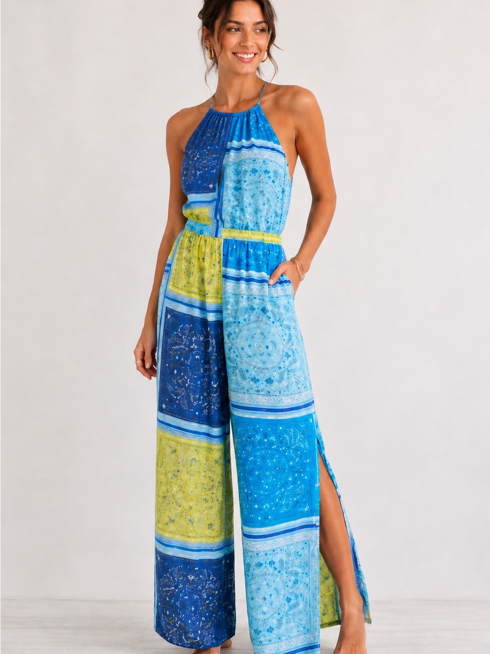 Aerie Blue Pool To Party Bandana Patchwork Halter Jumpsuit Women’s Medium Resort